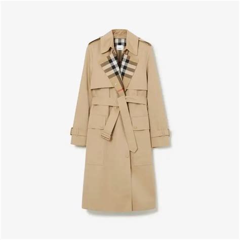 Long Check Lapel Gabardine Trench Coat in Honey 